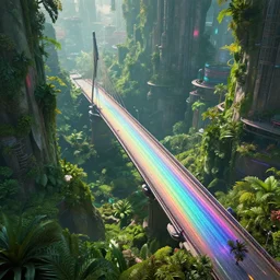 incredible, mindblowing beautiful rainbow hardlight bridge, cyberpunk, matte painting, artstation, solarpunk metropolis, cgsociety, dramatic lighting, vibrant greenery, concept art, octane render, arnold 3 d render