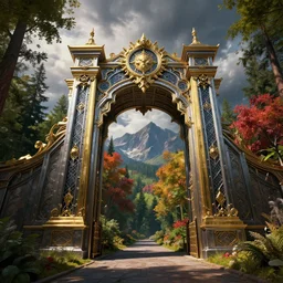 A beautiful hyper realistic detailed matte painting of an intricate steel and gold gateway over a pathway through a colorful forest, dramatic sky, dramatic mountains in background, dramatic lighting, dynamic lighting, cinematic lighting, vivid, by Raphael Lacoste and John Howe and Andreas Rocha, unreal engine, featured on artstation