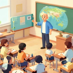 A bald teacher teaching geography to his sunken students, isometric camera, detailed, trending on artstation