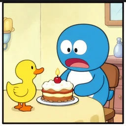 short cartoon strip, blue robot bakes a birthday cake for yellow duck, by bill watterson