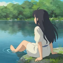 woman sitting with her feet in a lake, beautiful and relaxing, very very very long hair, Makoto Shinkai ilya kuvshinov and Wojtek Fus