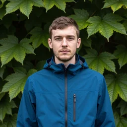 A photo of a scottish 20 year old portrait photo infront of leaves filling the screen. Blue jacket wearing man with short hair and short facial hair. Looking directly towards camera this man with a triangular thin shape and thin nose is off center to the left of the frame.