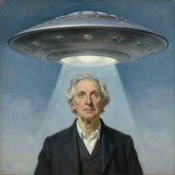 UFO hovering over Carl Gustavo Jung, painting by Hsiang-Ron Cheng