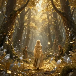 magical forest with gold and silver leafs, music, girl with blond long hair back view, elves, lord of the rings style, ultra detailed, trending on artstation, concept art, octane render, unreal engine,