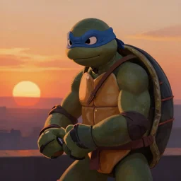 painting of ninja turtle at sunset, natural light, concept art, by greg rutkowski, cozy atmospheric and cinematic lighting