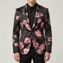 A man wearing a black suit with patterned pink flowers, digital art, trend in artstation, photorealistic