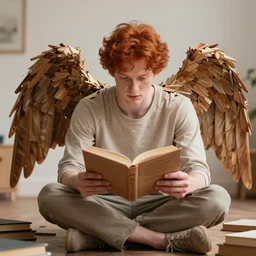 A young redheaded man wearing broken wings made of thin wooden planks is sitting on the floor and  trying to read one of the open books that surround him, sharp focus, depth of field, hyper detailed, hyper realistic, High definition, trending at artstation, 8k,  octane render