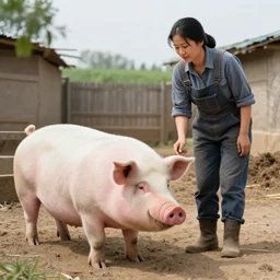 farmer lady next to her abnormally large pig