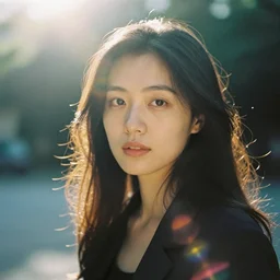 a realistic portrait photography of a woman. 35mm film. cinematic. warm light. lens flare.
