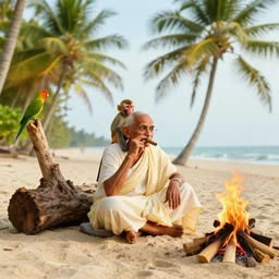 gandhi at the beach, holding a cigar, sitting next to a campfire, a small monkey on his shoulder and a parrot on tree log, with palm trees in the back, glorious lighting, epic environment, colourful, vibrant, hyper realistic, extreme detail, sand, smooth, subtle shadows, fine details, octane render, stunning, intricate, elegant, highly detailed, digital portrait, artstation, smooth, sharp focus, raw