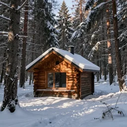 cosy wooden cabin in the middle of snowy woods