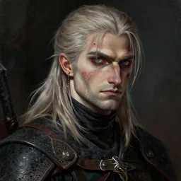 a wounded geralt of rivia, close up, portrait, sinister atmospheric lighting. highly detailed painting by greg rutkowski, anime style