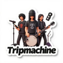 sticker of a rock band, name is tripmachine, on the sticker is a 3 d render of a huge futuristic steampunk machine, 8 k, fluorescent colors, halluzinogenic, multicolored, exaggerated detailed, silk screen art