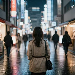 back view of a japanese women standing in streets of tokyo, heavy raining at night, highly detailed