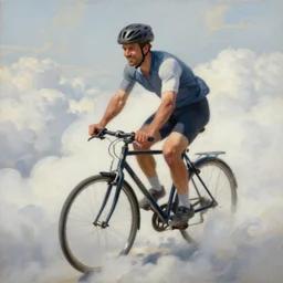 A man riding a bicycle in the clouds, action shot, subject is smiling, expressive oil painting