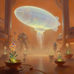 dramatic perspective a minimalist bioluminescent oil painting by donato giancola, chris foss, warm coloured, cinematic scifi luxurious futuristic foggy steam filled spaceport with giant bright translucent cephalopod zeppelin cyborg with microscopy stained glass flowers growing out of pretty bulbous ceramic fountains, gigantic pillars, maschinen krieger, beeple, the matrix, star wars, ilm, star citizen, mass effect, artstation, atmospheric perspective