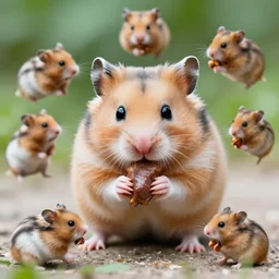 detailed photo of a hamster eating a kebab, outdoors, various poses, full body, daylight, 8 k
