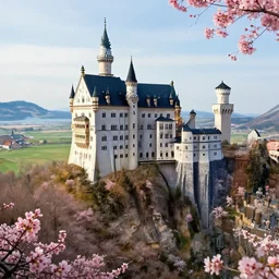 an epic intricate castle on the edge of rock on top of a monumental mountain in a colorful blooming landscape, epic scene, cinematic