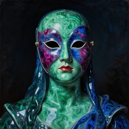 a portrait of a liquid porcelain malachite ruby sapphire model with a magical mask. night time. deep reflective green blue tones. renaissance masterpiece. highly detailed sci - fi fantasy painting by norman rockwell, frank frazetta, johfra bosschart, and syd mead. rich colors, high contrast, dark background. artstation