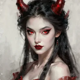 attractive demon queen with red eyes painting by gaston bussiere and inspired by luis rollo, portrait, digital painting, highly detailed, artstation, sharp focus, illustration, concept art, hd