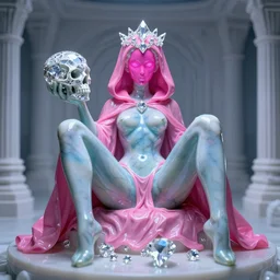 photo of fullbodied baroque and bladerunner delicate neon diamond sculpture of seductive ceramic albino marble lucky blue smith bem dotado mint iridescent humanoid deity wearing pink plastic trashbag hooded cloak holding diamond skull in a white alien dungeon, reclining con las piernas abiertas, glowing magenta face, crown of white diamonds, cinematic lighting, photorealistic, octane render 8 k depth of field 3 d