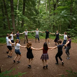 people dancing in circles in the forest