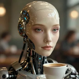 a stunning ultra detailed fantasy fine art portrait photo of a robot from ex machina movie with a cup of coffee, by tom bagshaw, wlop and natalie shau, 3 5 mm lens, golden ratio composition, deep depth of field, perfect eyes and face, cyberpunk, soft lighting, artstation, 8 k