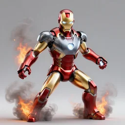 iron man in a battle, smoke, fire, chrome, shiny, reflective, metallic, 3 d render, realistic, hdr, stan winston studios, dramatic lighting, flame colors bright,