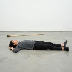a chinese person laying flat on back on the floor by daniel johnston and peter doig and ito, line brush, minimal, 4 k