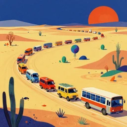 a colorful vibrant landscape filled with a convoy of fish cars and fish buses roaring across the desert, dreaming psychedelic hallucinations, by kawase hasui, moebius, edward hopper and james gilleard, zdzislaw beksinski, steven outram colorful flat surreal design, hd, 8 k, artstation