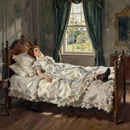 lucian freud painting of old emma stone laying down on a victorian bed in a big old room