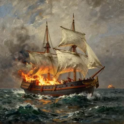 oil painting of a ship on stormy waters, the ship is burning, 1 8 th century, antique painting
