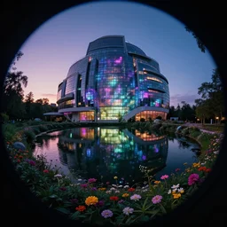 architecture by le corbusier, fisheye universe at dusk uv light cyberpunk apocalyptic dramatic lighting nature flowers retrowave alien at night at dawn magic realism hyperrealism nightvision lake, archdaily, wallpaper, highly detailed, trending on artstation.