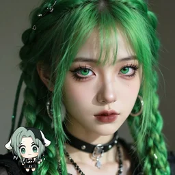 close up of goth hippie girl with green dreads, anime, detailed anime, hyper realistic anime, realistic anime, manga anime, chibi anime, detailed, highly detailed, hd, 4 k, sharp, clear, high res, high quality, cinematic, 2 point studio lighting,