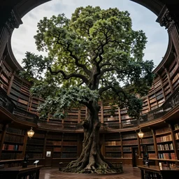 a beautiful giant tree growing in the middle of a Victorian library. dramatic light, 4K