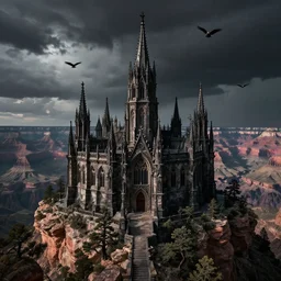 dark gothic palace, gothic palace made, GOTHIC PALACE! of rock with tall spires, bristlecone pine trees, grand canyon, ultrawide cinematic 3d render, dark dramatic skies, atmospheric, vultures
