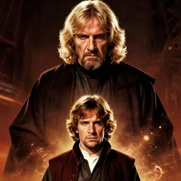 emperor palpatine looking down at luke skywalker below, scifi movie poster