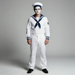 matt damon with white mime makeup on white face in white sailor costume, sailor hat, fullbody, by nicoletta ceccoli, mark ryden, lostfish, max fleischer, hyper realistic, artstation, illustration, digital art, matte paint, vivid colors, bright, cheerful, detailed and intricate environment