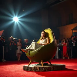 emma watson as an avocado chair, on top of some wood in the middle of red carpet under spotlight