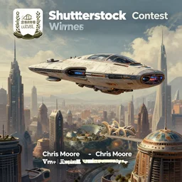 a futuristic city scene with a flying spaceship, a detailed matte painting by chris moore, shutterstock contest winner, afrofuturism, matte painting, futuristic, sci - fi
