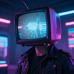 beautiful cyberpunk artwork of a man with a tv instead of his head, neon lights, close up