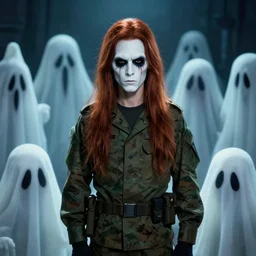 a screenshot of a handsome guy with chestnut hair long hair with his army of ghost from a horror movie, casper