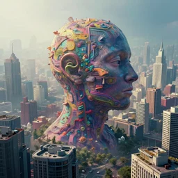 the mind is leaving the body of a city by mia brownell, art by anna hotchkis, antonio saura, very detailed, maximalism, ambient occlusion, volumetric light, atmospheric haze, hyper realism, futuristic but colorful shading, cinematic composition, realistic render, photography, wide shot