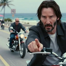 beautiful hyperrealism three point perspective film still of Keanu Reeves as neo in bullet time aiming at agent smith in a nice oceanfront promenade motorcycle chase scene in Matrix meets kagemusha(1990) extreme closeup portrait in style of 1990s frontiers in translucent porcelain miniature street photography seinen manga fashion edition,, tilt shift style scene background, soft lighting, Kodak Portra 400, cinematic style, telephoto by Emmanuel Lubezki