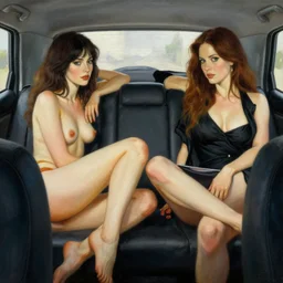 realistic painting showing olivia munn and woman journalist alex wagner undressing each other in the back seat of a car, dramatic lighting, sultry, sensual, loish, vargas, wlop, manara, mucha, moebius, elvgren, artgerm