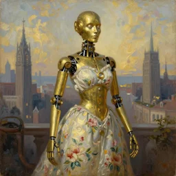 brass semi - mechanical woman, portrait, floral art novuea dress, oil on canvas, in steampunk cityscape, golden hour, robotic prosthetic limbs