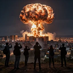 people on a hill watching nuclear explosion destroying a city in the distance at night, taking pictures, hyperdetailed, artstation, cgsociety, 8 k
