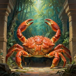 a giant! statue of a crab, inside an aztec! ruin, mysterious jungle painting, elegant intricate digital painting artstation concept art by mark brooks and brad kunkle detailed