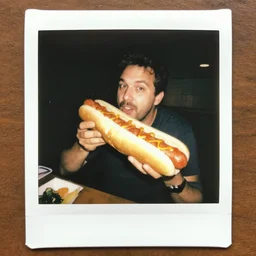a found polaroid photo of a man about to eat a 3 foot long hot dog