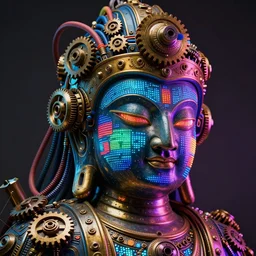awardwinning photo of a steampunk buddha, the face is covered with multicolored glowing digital displays, wearing a glowing blue and golden metallic aztec helmet with multicolored cables and shiny metallic gears, 3 d render, crisp, 8 k, fluorescent colors, nikon photography